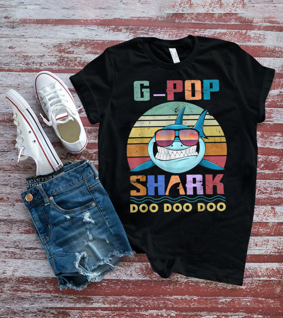 G Pop Shark Doo Doo Doo Retro Sunglasses Ocean Vintage Sunset T-Shirt