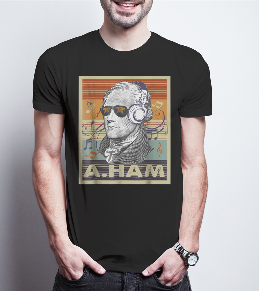 A. Ham Hamilton Headphones Music Notes Retro Vibe T-Shirt