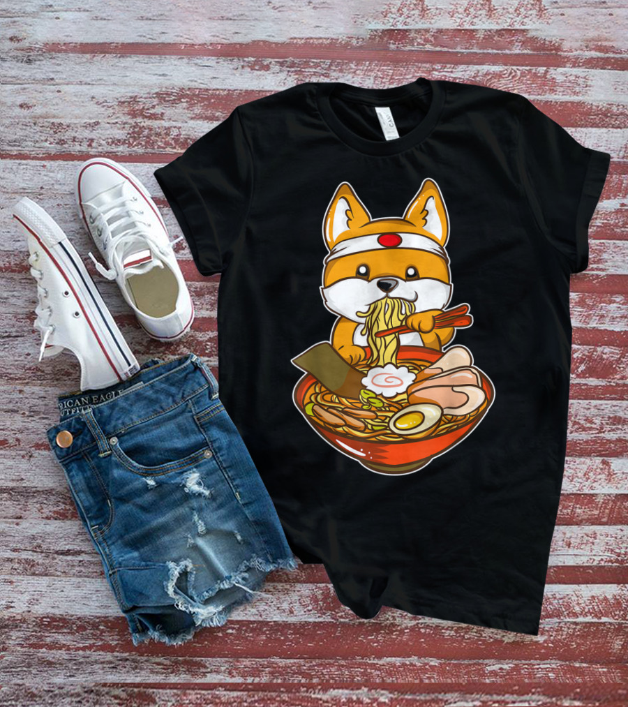 Kawaii Japanese Anime Shiba Inu Enjoying Ramen Bowl T-Shirt
