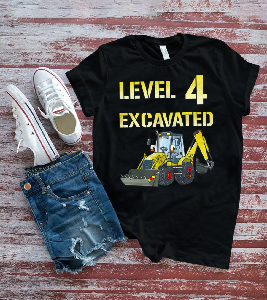 Level 4 Excavated Kids Excavator Birthday 4 Year Old Bday Boy T-Shirt