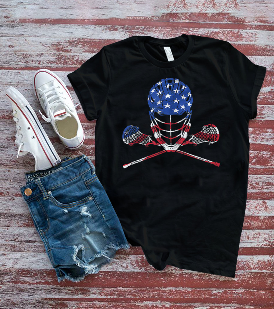 American Flag Lax Helmet And Sticks Lacrosse T-Shirt