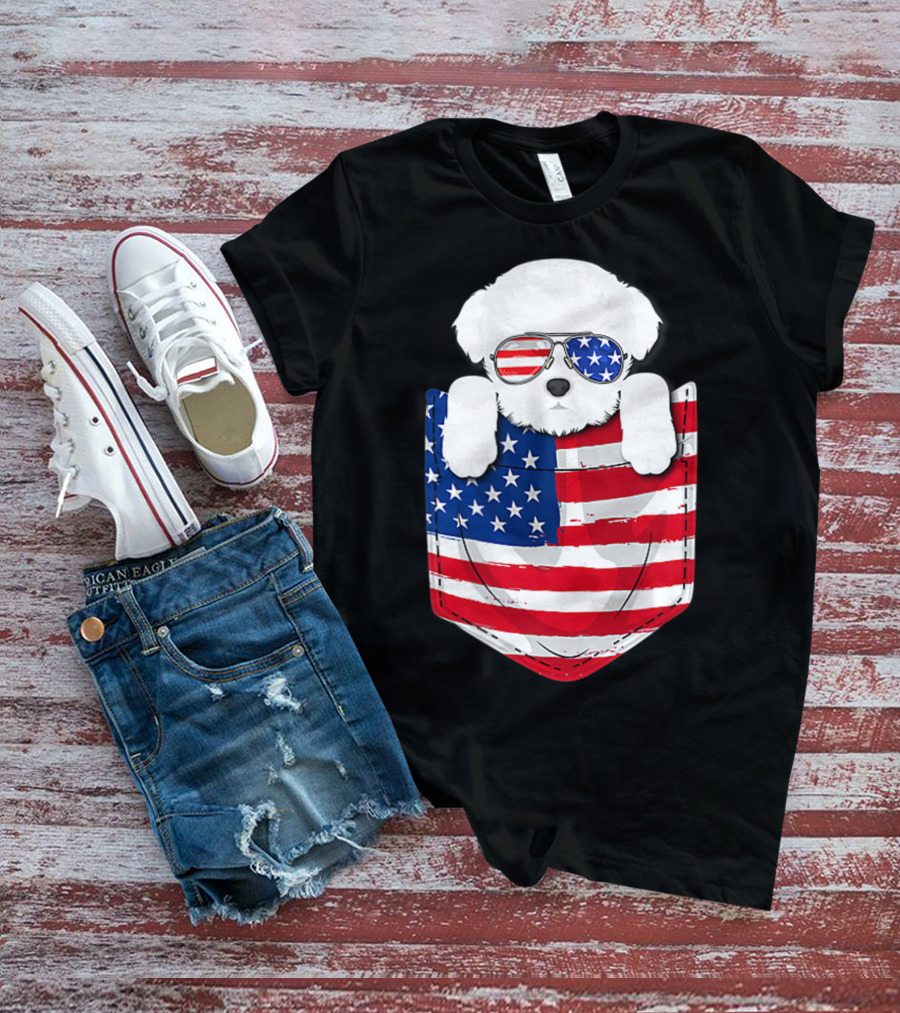 Maltese Dog Peeking Pocket American Flag Sunglasses T-Shirt