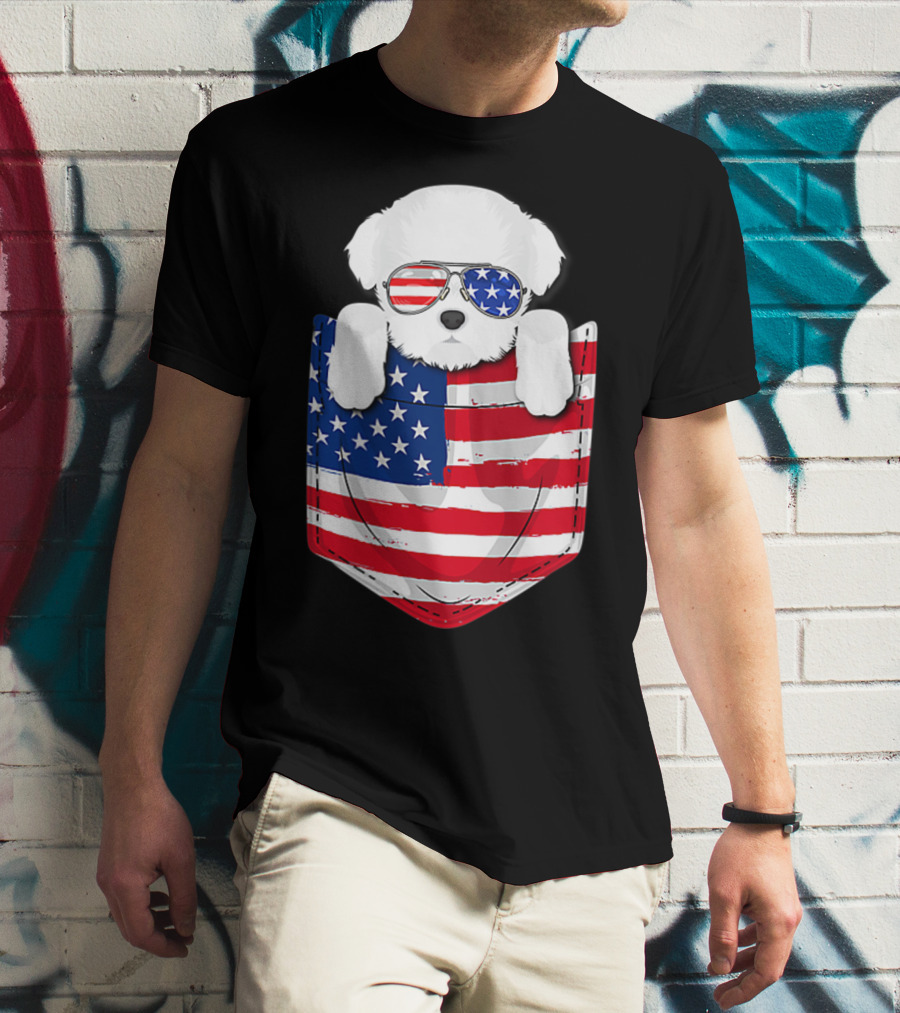Maltese Dog Peeking Pocket American Flag Sunglasses T-Shirt