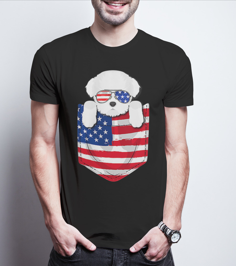 Maltese Dog Peeking Pocket American Flag Sunglasses T-Shirt