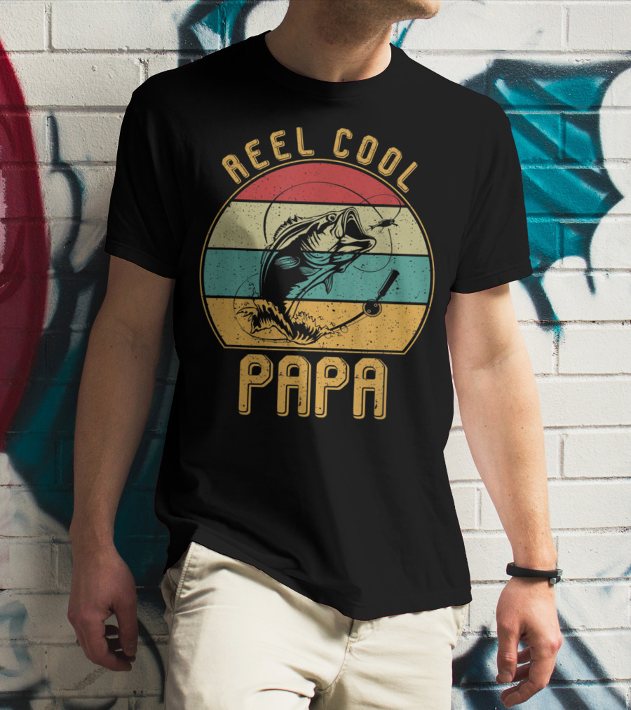 Reel Cool Papa Fishing Father's Day Retro Striped T-Shirt