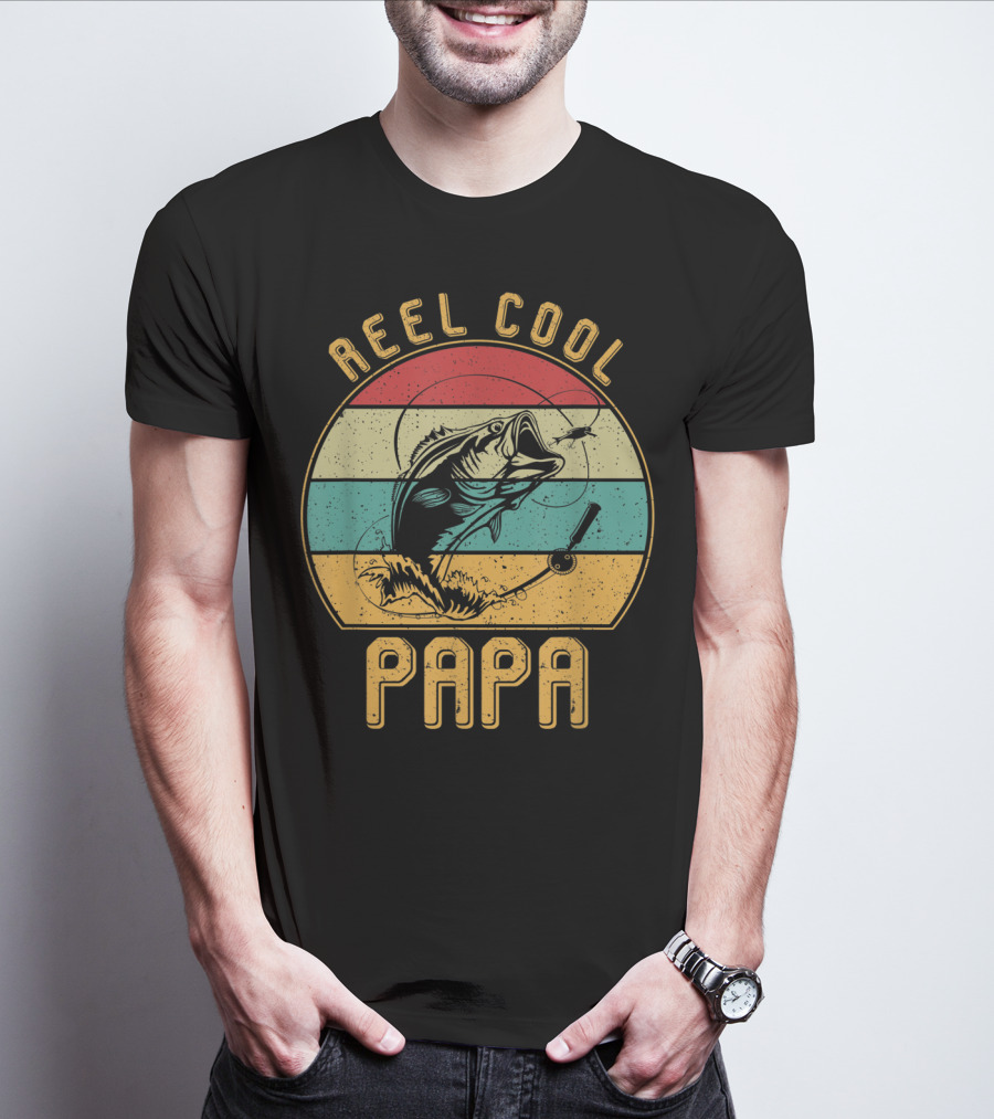 Reel Cool Papa Fishing Father's Day Retro Striped T-Shirt