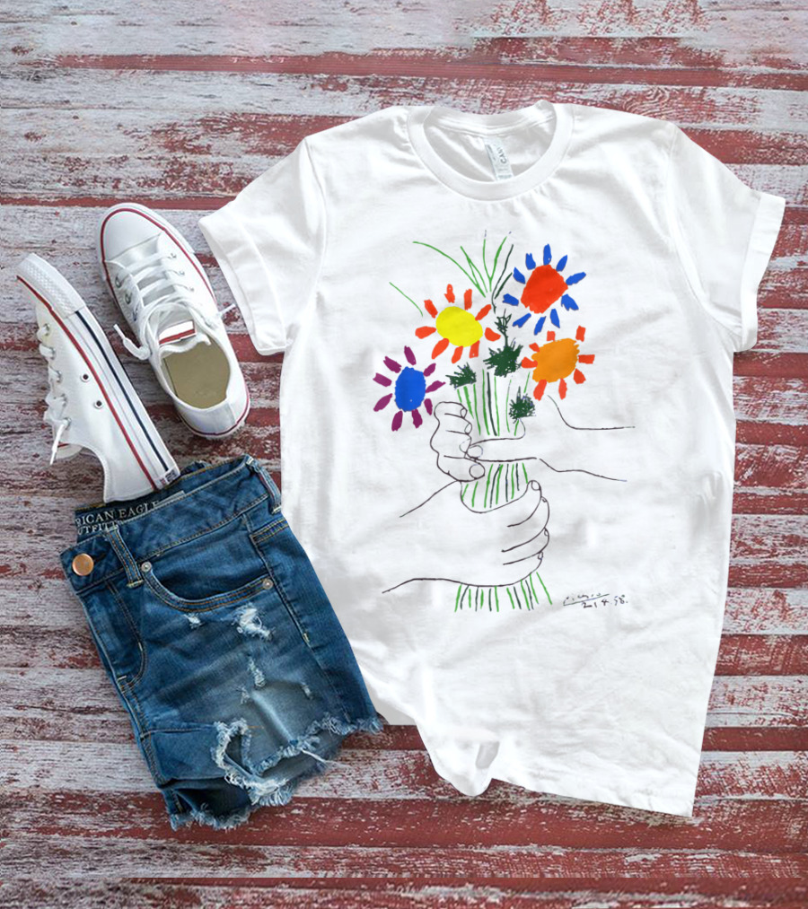 Pablo Picasso Colorful Bouquet With Hands Of Peace Signature 1958 T-Shirt