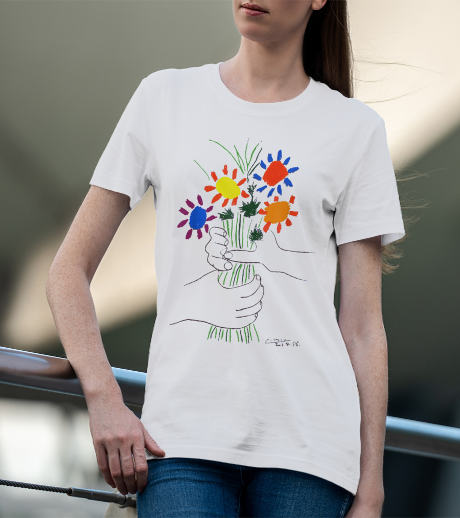 Pablo Picasso Colorful Bouquet With Hands Of Peace Signature 1958 T-Shirt