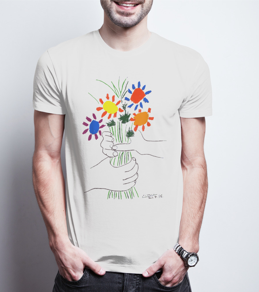 Pablo Picasso Colorful Bouquet With Hands Of Peace Signature 1958 T-Shirt