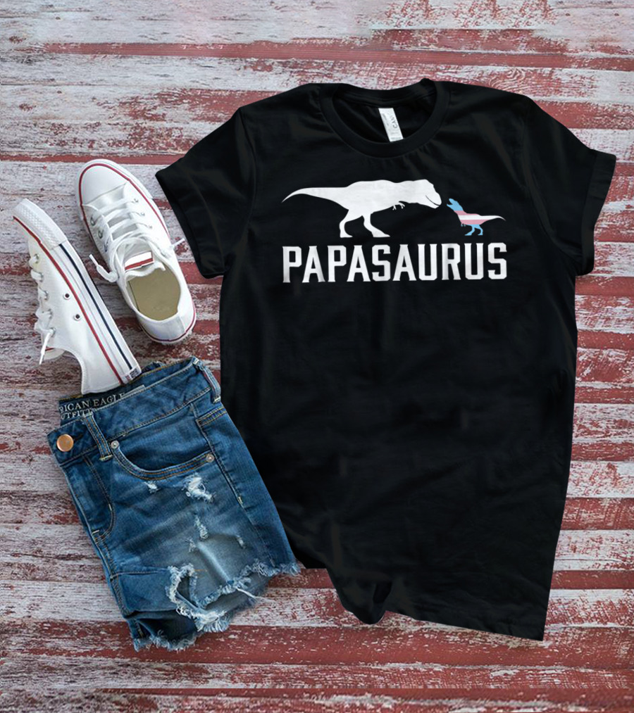 Papasaurus Transgender Flag T-Rex And Baby Dinosaurs T-Shirt