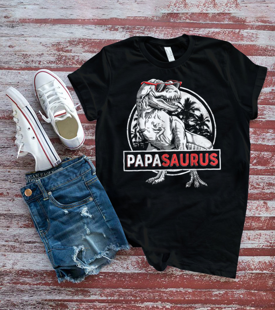 Papasaurus Rex Dinosaur With Sunglasses And Palm Trees T-Shirt