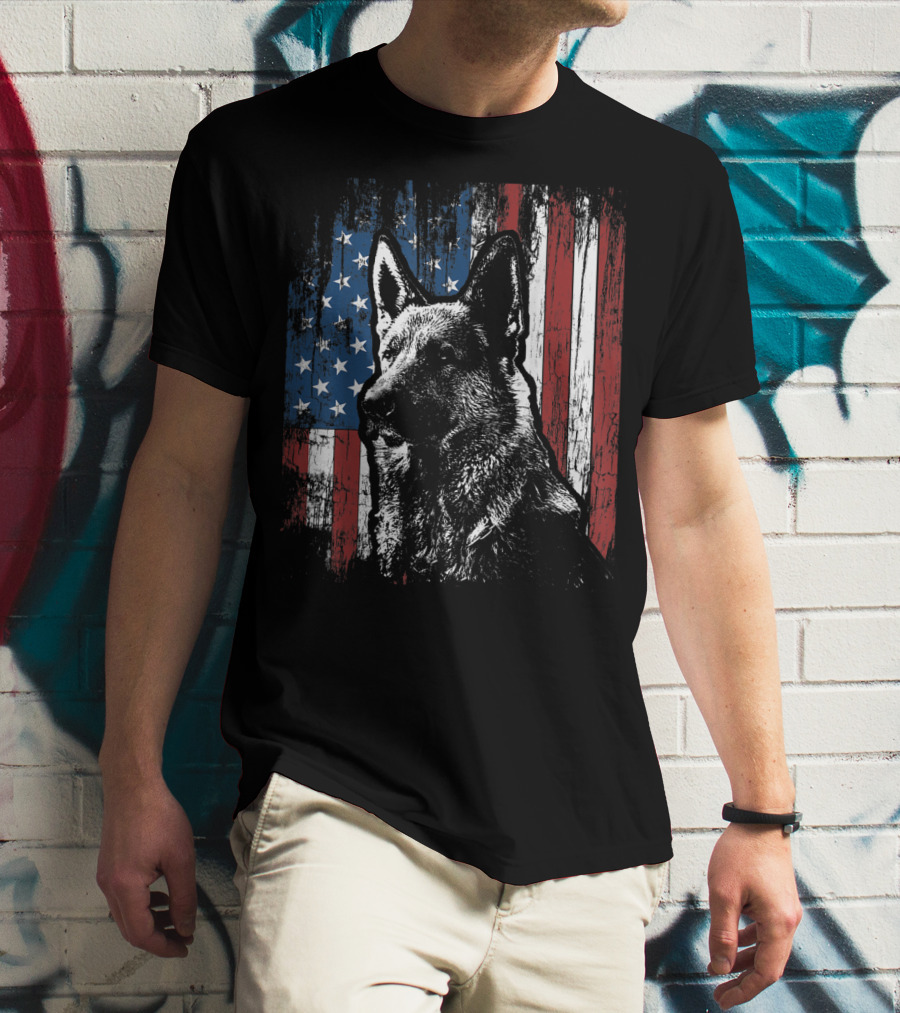 Patriotic German Shepherd With American Flag Background T-Shirt