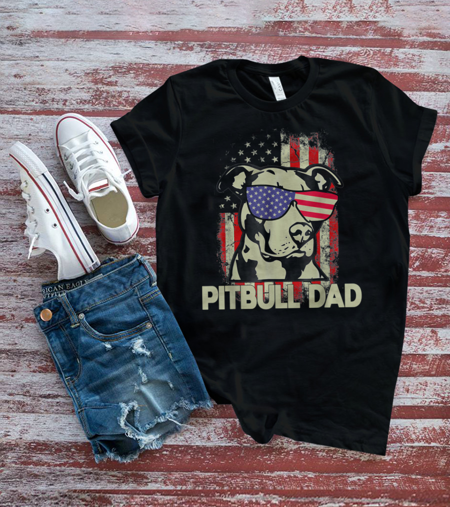 Pitbull Dad USA Flag Sunglasses American Fourth Of July T-Shirt