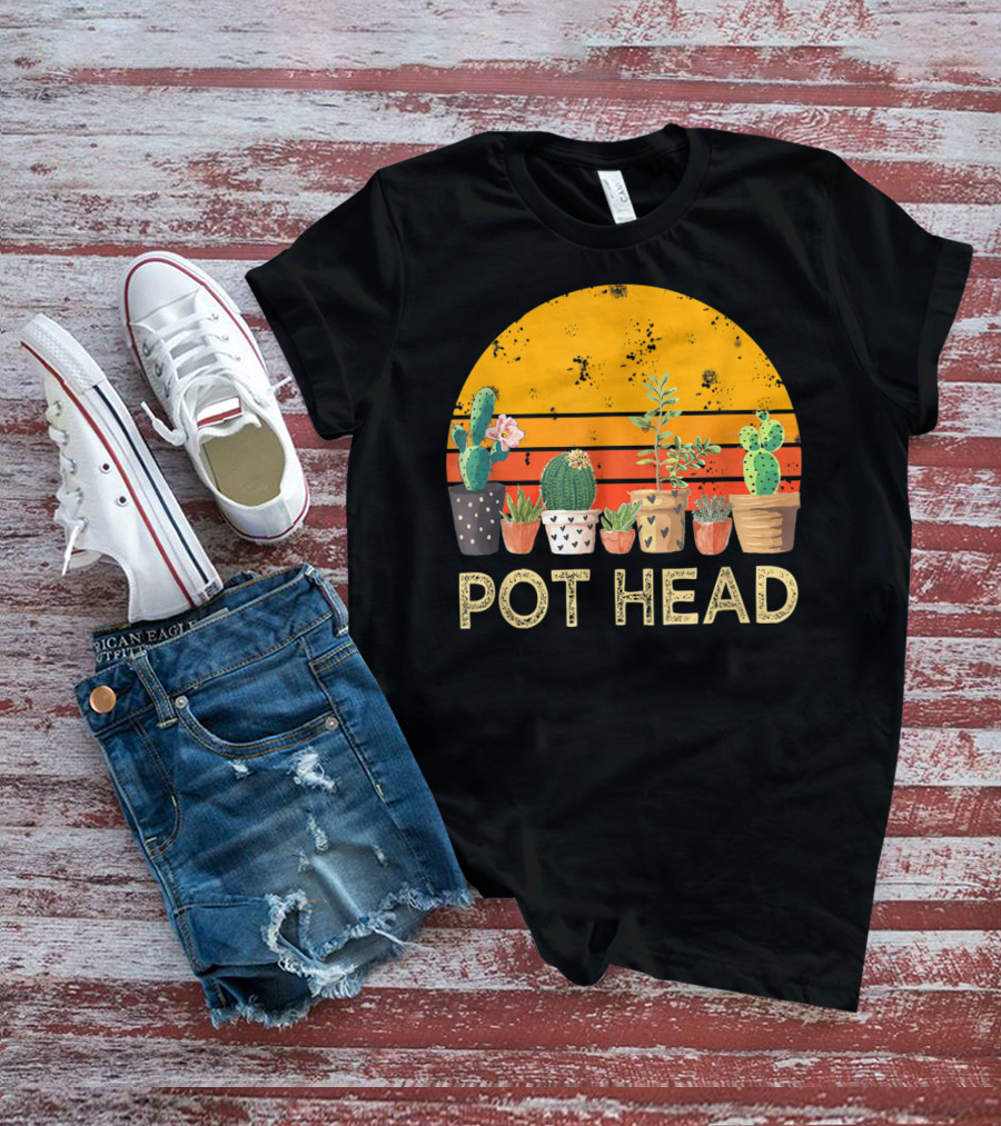 Pot Head Stone Flowers Cactus Vintage Sunset T-Shirt