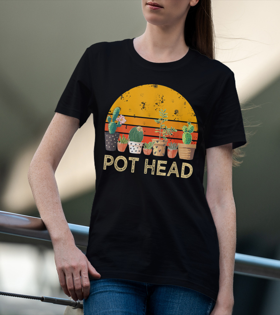 Pot Head Stone Flowers Cactus Vintage Sunset T-Shirt