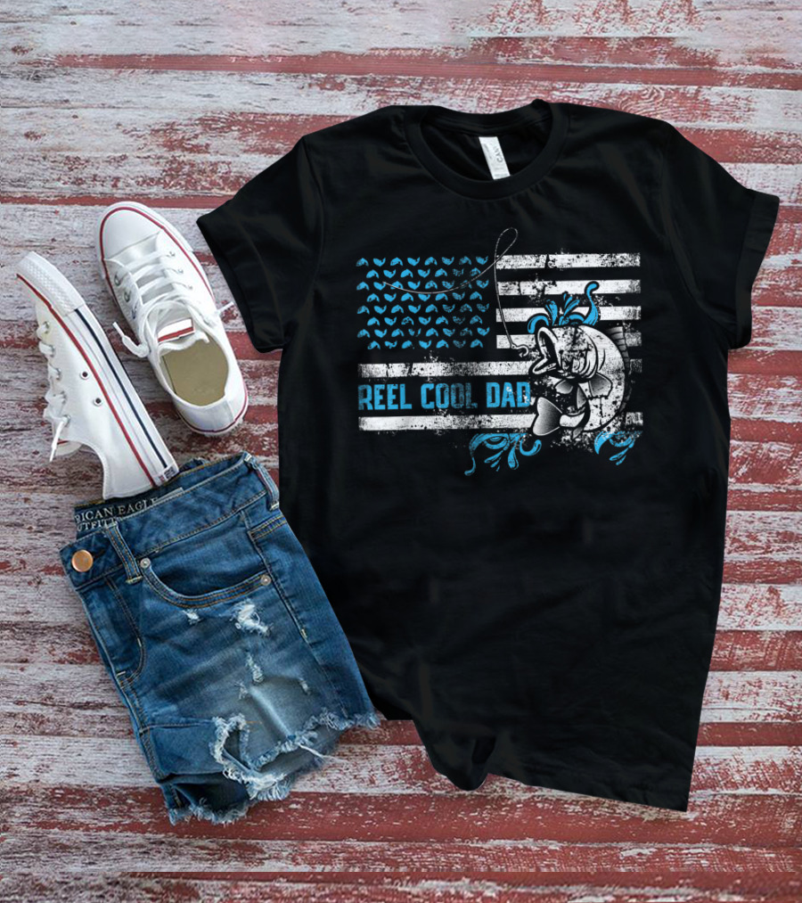 Reel Cool Dad Father's Day Fishing Funny Fisherman With American Flag And Cartoon Fish T-Shirt