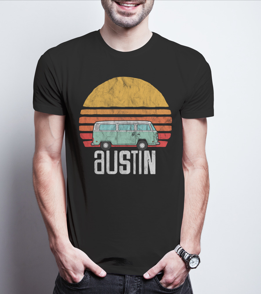 Retro Austin Texas Hippie Van Sunset Beach Bum Surfer T-Shirt