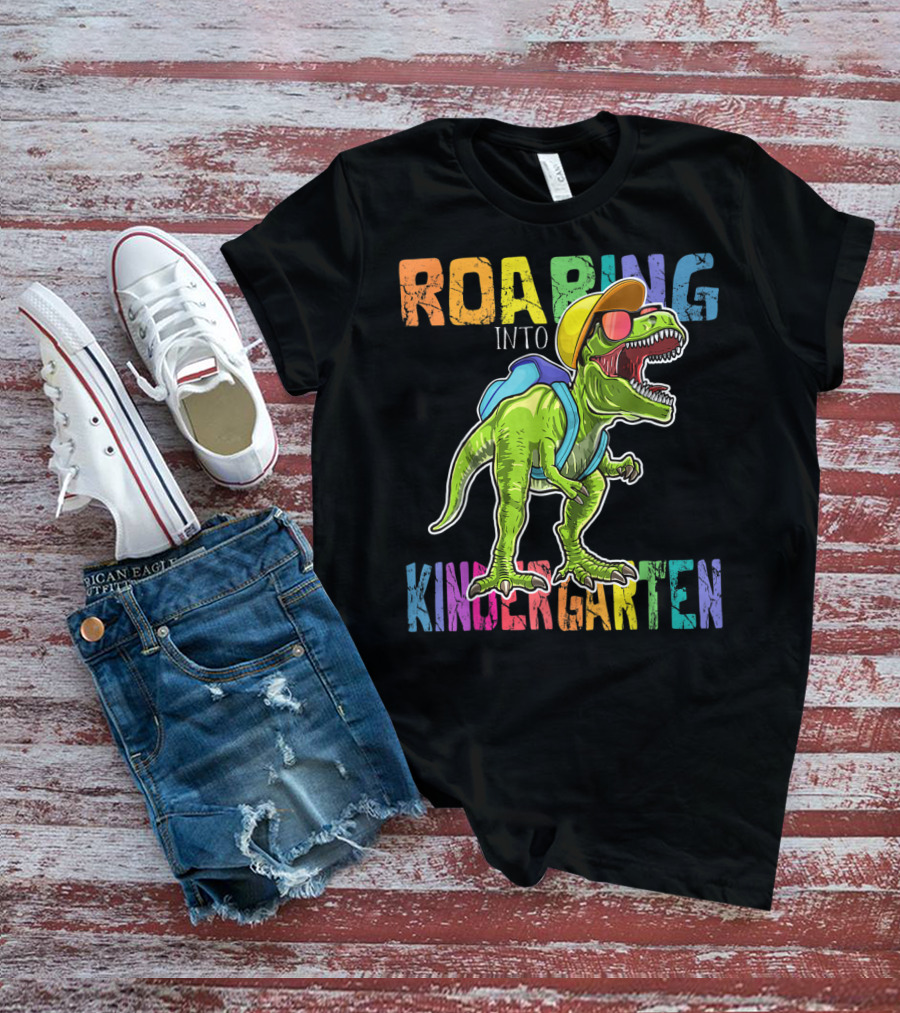 Roaring Into Kindergarten Dinosaur Rex With Backpack And Sunglasses T-Shirt