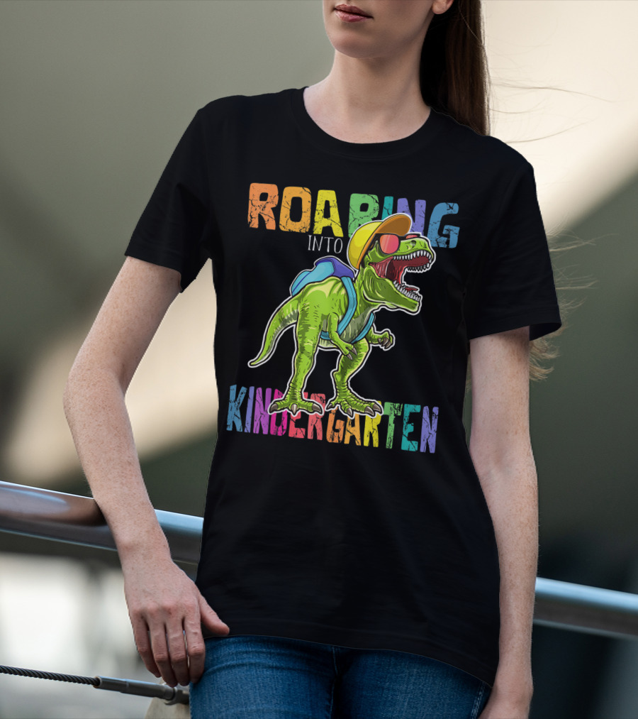 Roaring Into Kindergarten Dinosaur Rex With Backpack And Sunglasses T-Shirt
