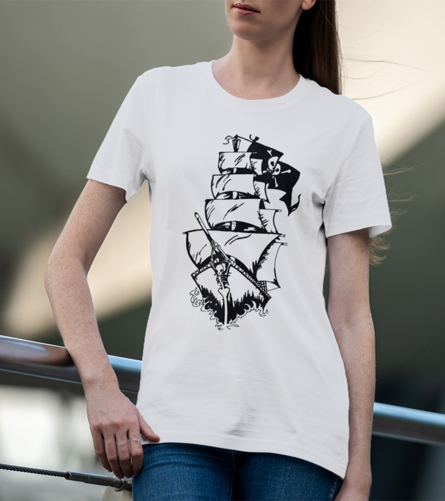 Pirate Ship With Jolly Roger Flag And Skeleton Captain T-Shirt
