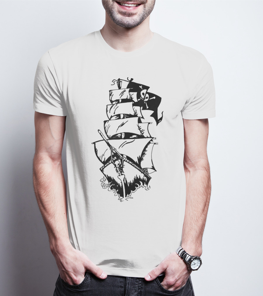 Pirate Ship With Jolly Roger Flag And Skeleton Captain T-Shirt