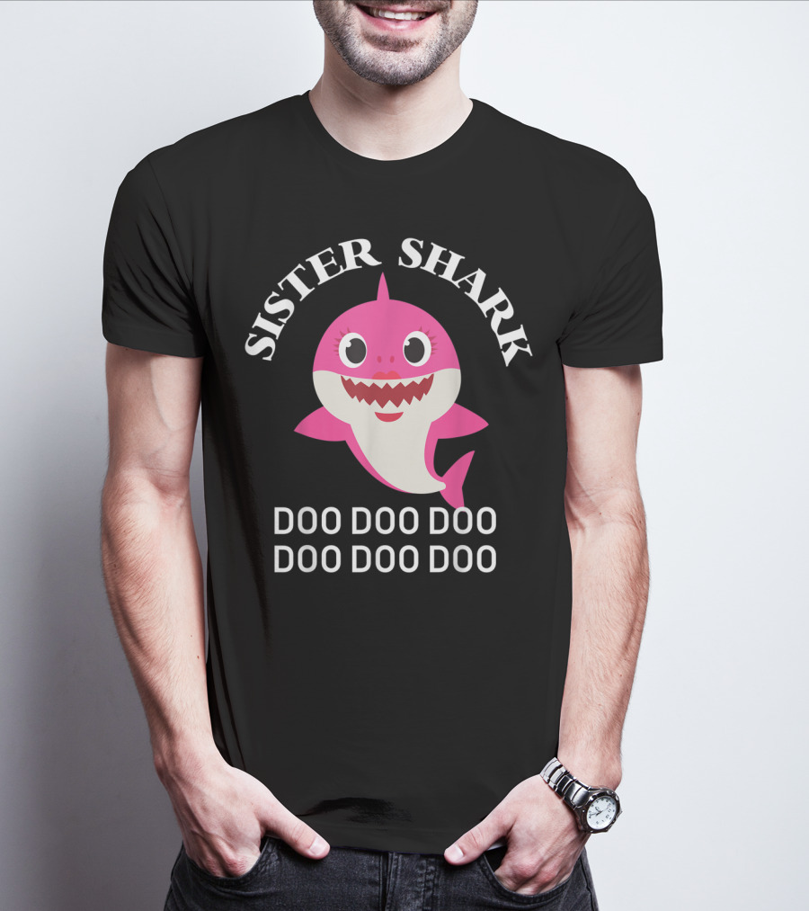 Sister Shark Doo Doo Doo Doo Doo Doo Pink Cartoon Family Shark T-Shirt