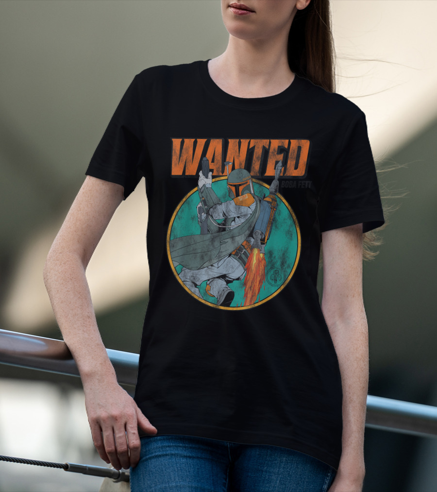 Wanted Boba Fett Star Wars Distressed Mandalorian Jetpack T-Shirt
