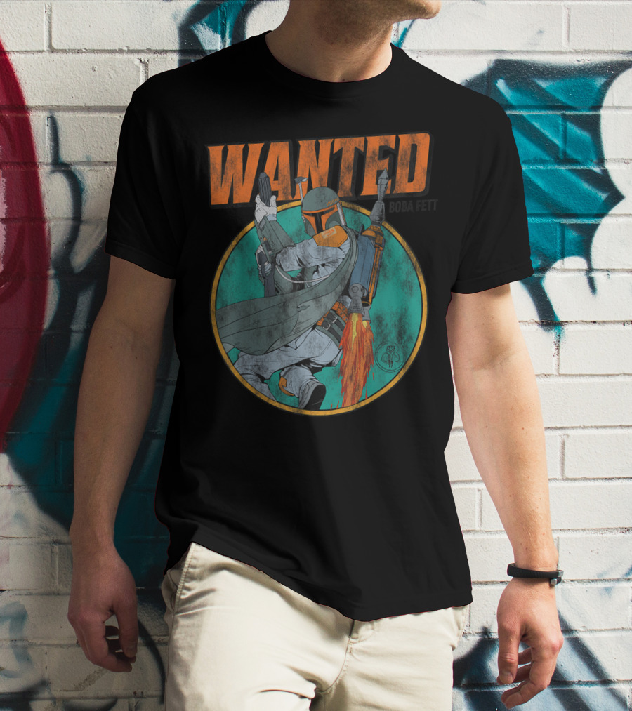 Wanted Boba Fett Star Wars Distressed Mandalorian Jetpack T-Shirt