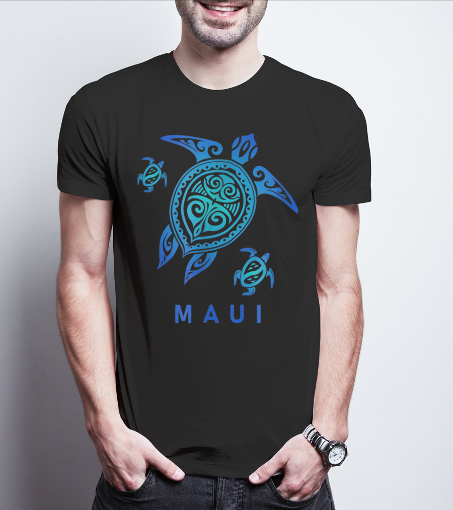 Maui Hawaii Blue Tribal Turtle T-Shirt