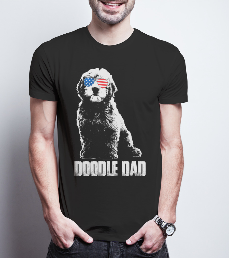 Doodle Dad Goldendoodle Vintage Patriotic American Flag Sunglasses T-Shirt
