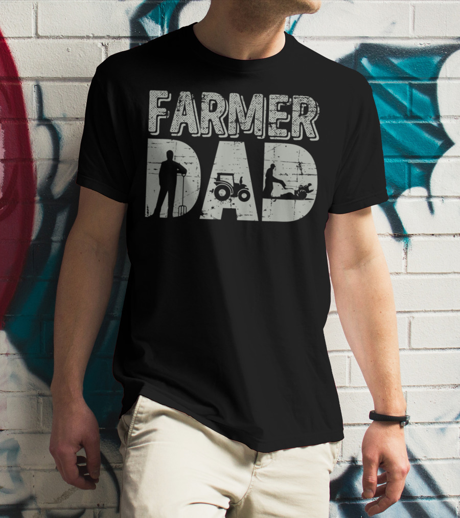 Farmer Dad Farming Tractor And Pitchfork T-Shirt