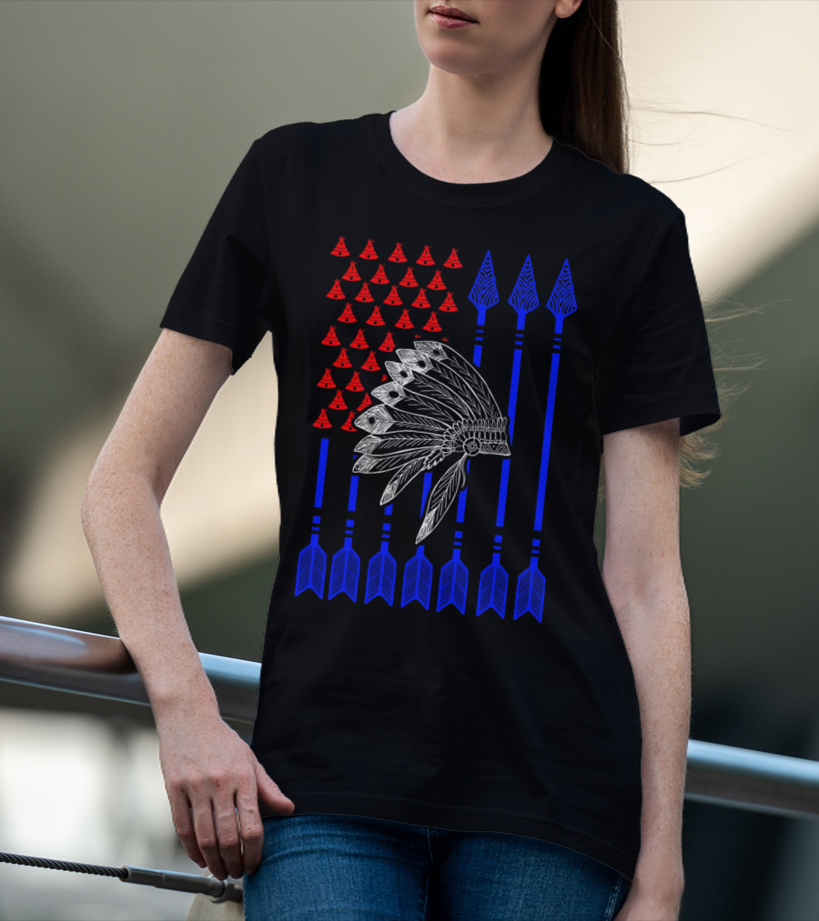 Native American Day Headdress Red Teepees Blue Arrows Flag T-Shirt
