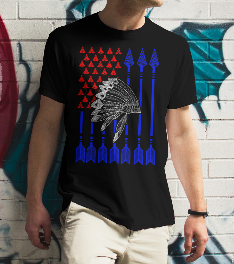 Native American Day Headdress Red Teepees Blue Arrows Flag T-Shirt