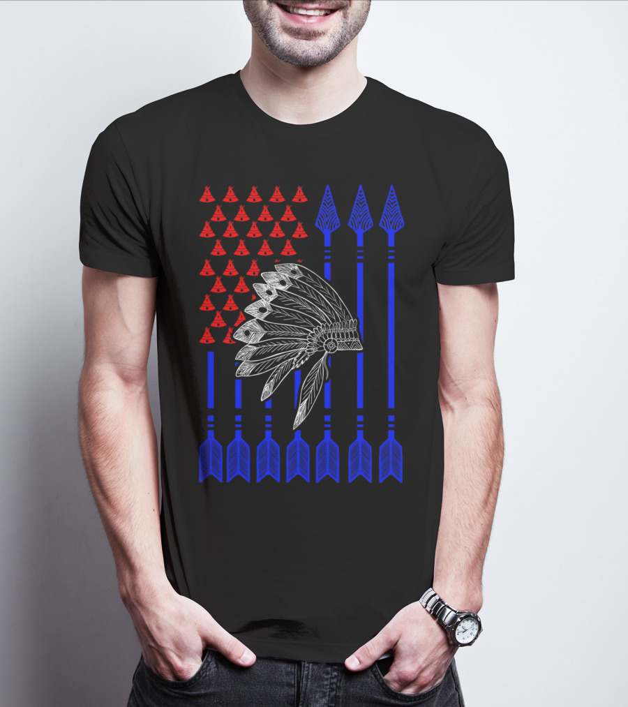 Native American Day Headdress Red Teepees Blue Arrows Flag T-Shirt