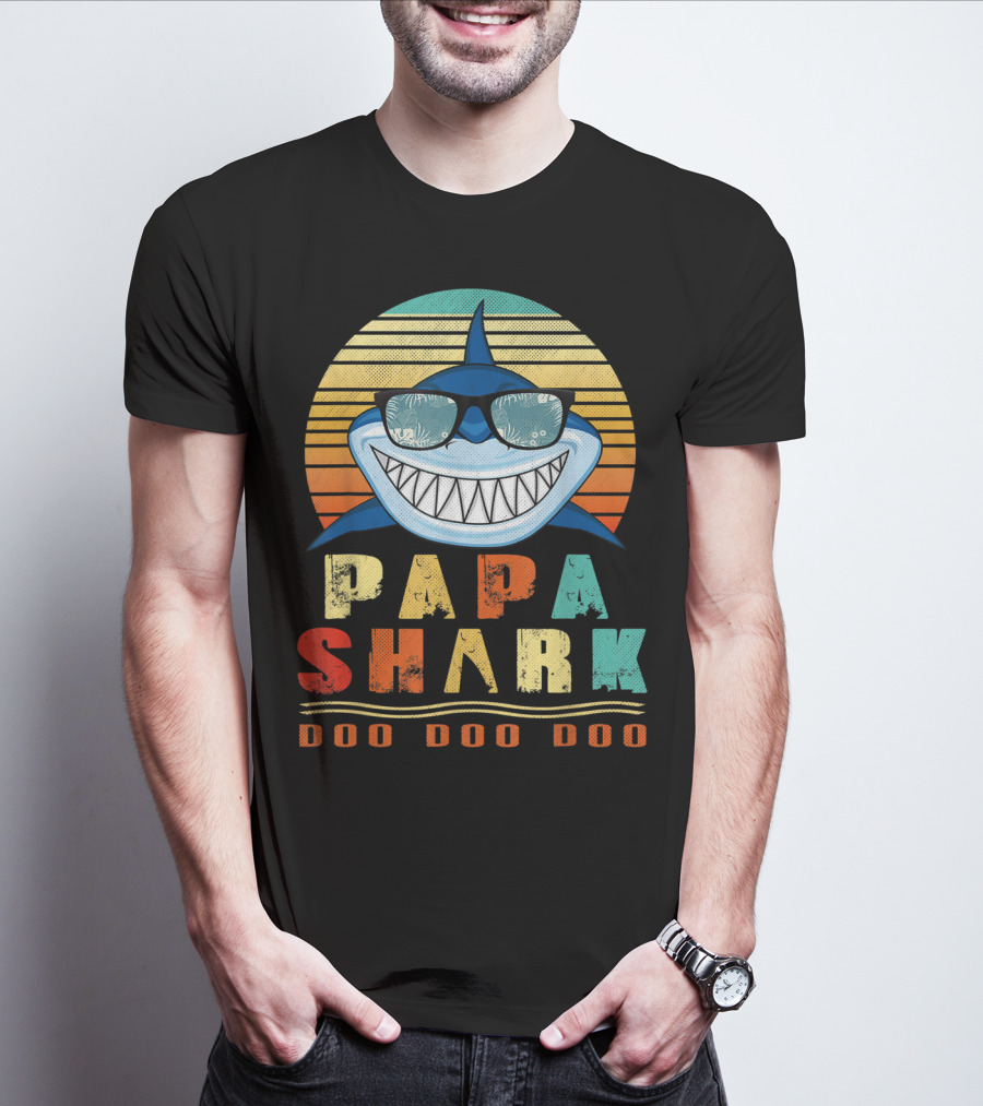 Papa Shark Doo Doo Doo Cool Sunglasses Retro Sunset Vibe T-Shirt