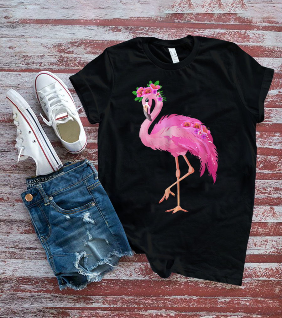 Pink Flamingo With Watercolor Hawaiian Flower Crown And Feathers T-Shirt