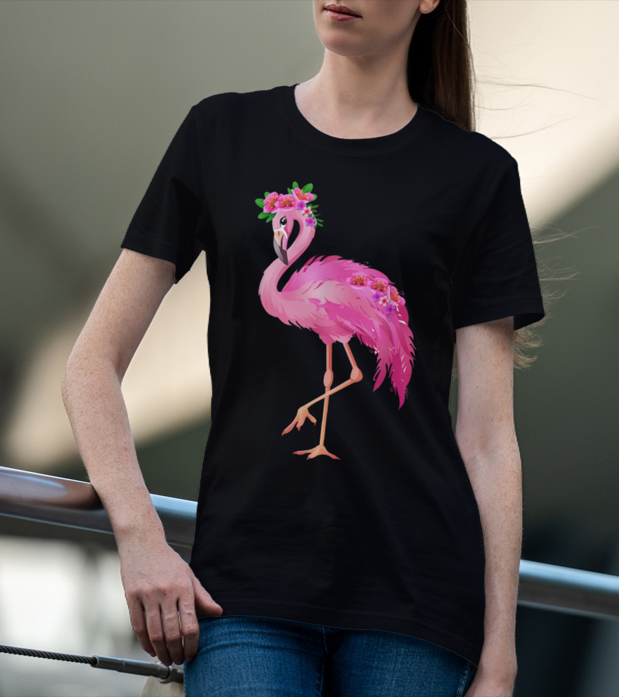 Pink Flamingo With Watercolor Hawaiian Flower Crown And Feathers T-Shirt
