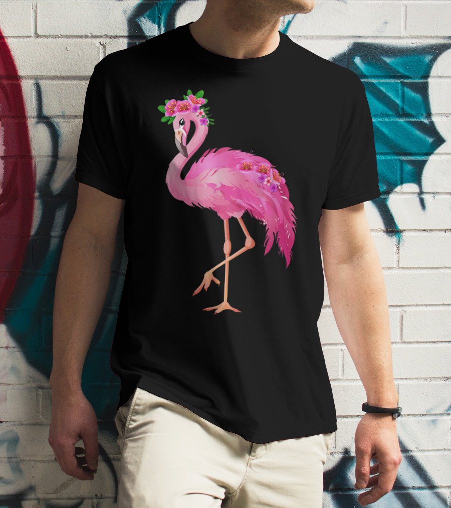Pink Flamingo With Watercolor Hawaiian Flower Crown And Feathers T-Shirt