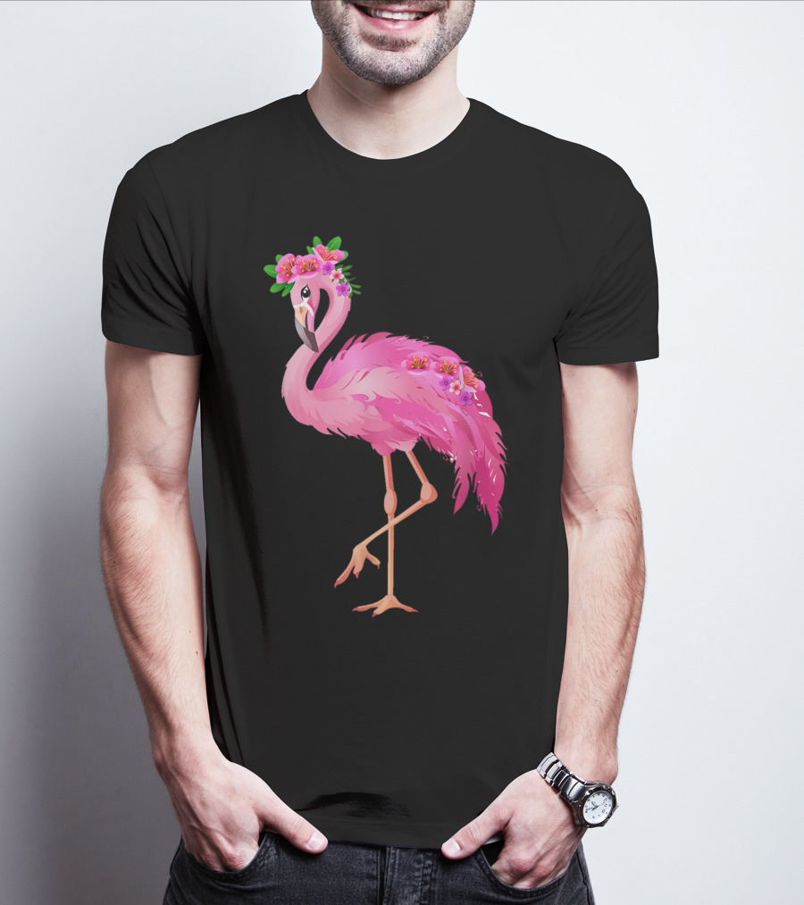 Pink Flamingo With Watercolor Hawaiian Flower Crown And Feathers T-Shirt