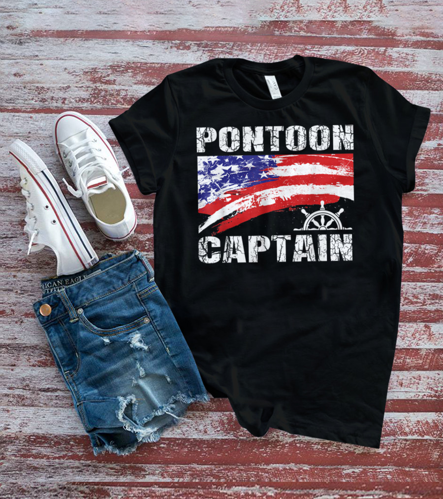 Pontoon Captain American Flag Steering Wheel Dad Boating T-Shirt