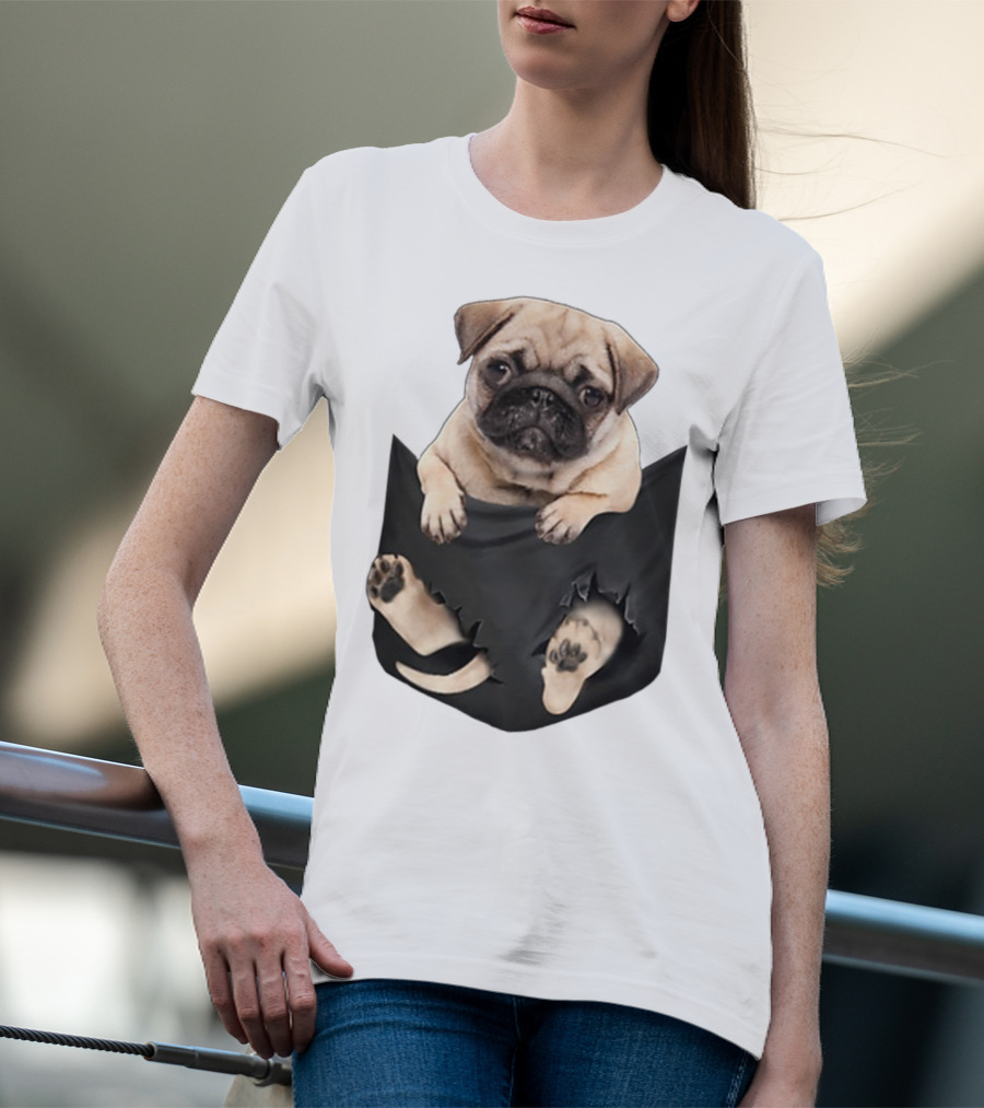 Pug Peeking Out Of Pocket With Paws Poking Through T-Shirt