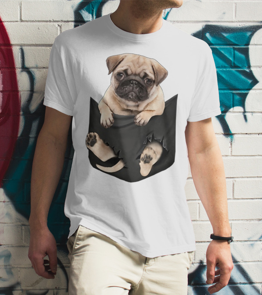 Pug Peeking Out Of Pocket With Paws Poking Through T-Shirt