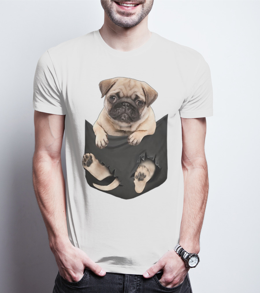 Pug Peeking Out Of Pocket With Paws Poking Through T-Shirt