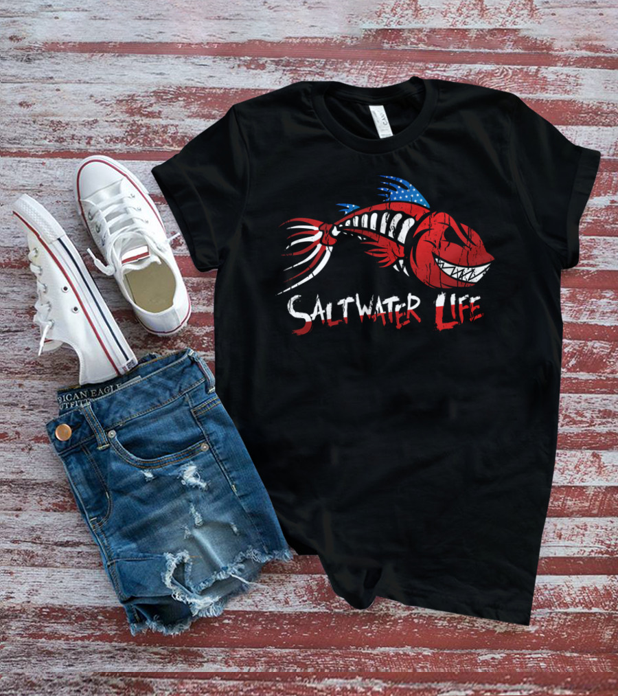 Saltwater Life American Flag Fish Skeleton T-Shirt