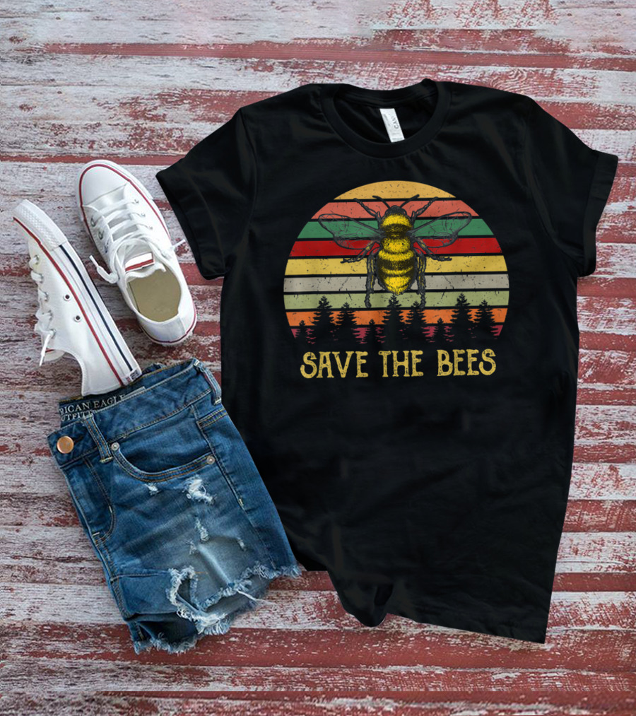 Save The Bees Retro Stripes Earth Day Forest Conservation T-Shirt