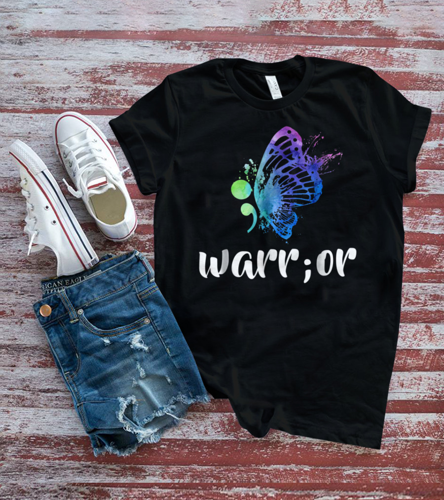 Warrior Semicolon Butterfly Suicide Prevention Awareness T-Shirt