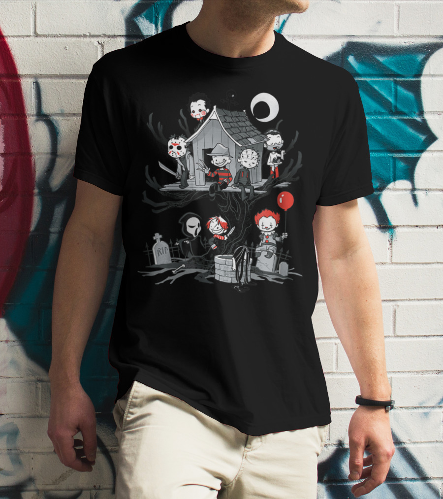 ShirtWoot Horror Clubhouse Icons In Treehouse With Figures And Moon T-Shirt