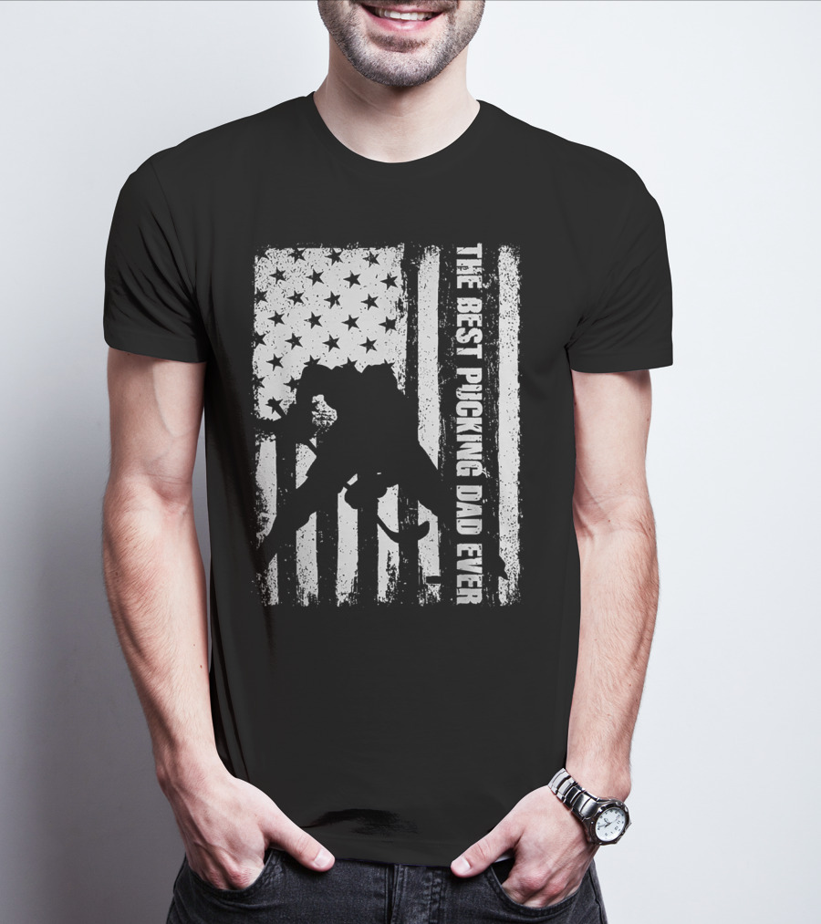 The Best Pucking Dad Ever Flag Hockey Silhouette Stars Stripes T-Shirt