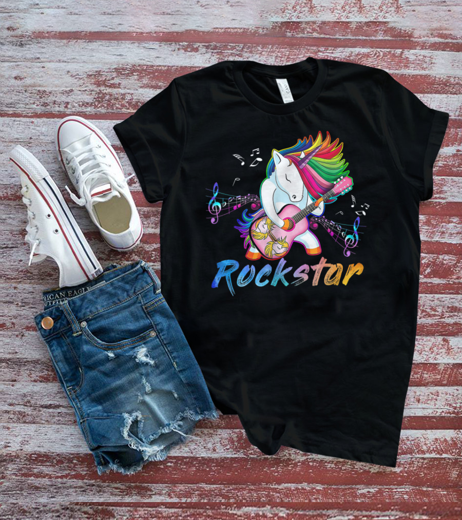 Unicorn Rockstar Rainbow Guitar Music Notes T-Shirt