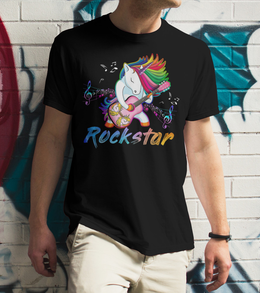 Unicorn Rockstar Rainbow Guitar Music Notes T-Shirt